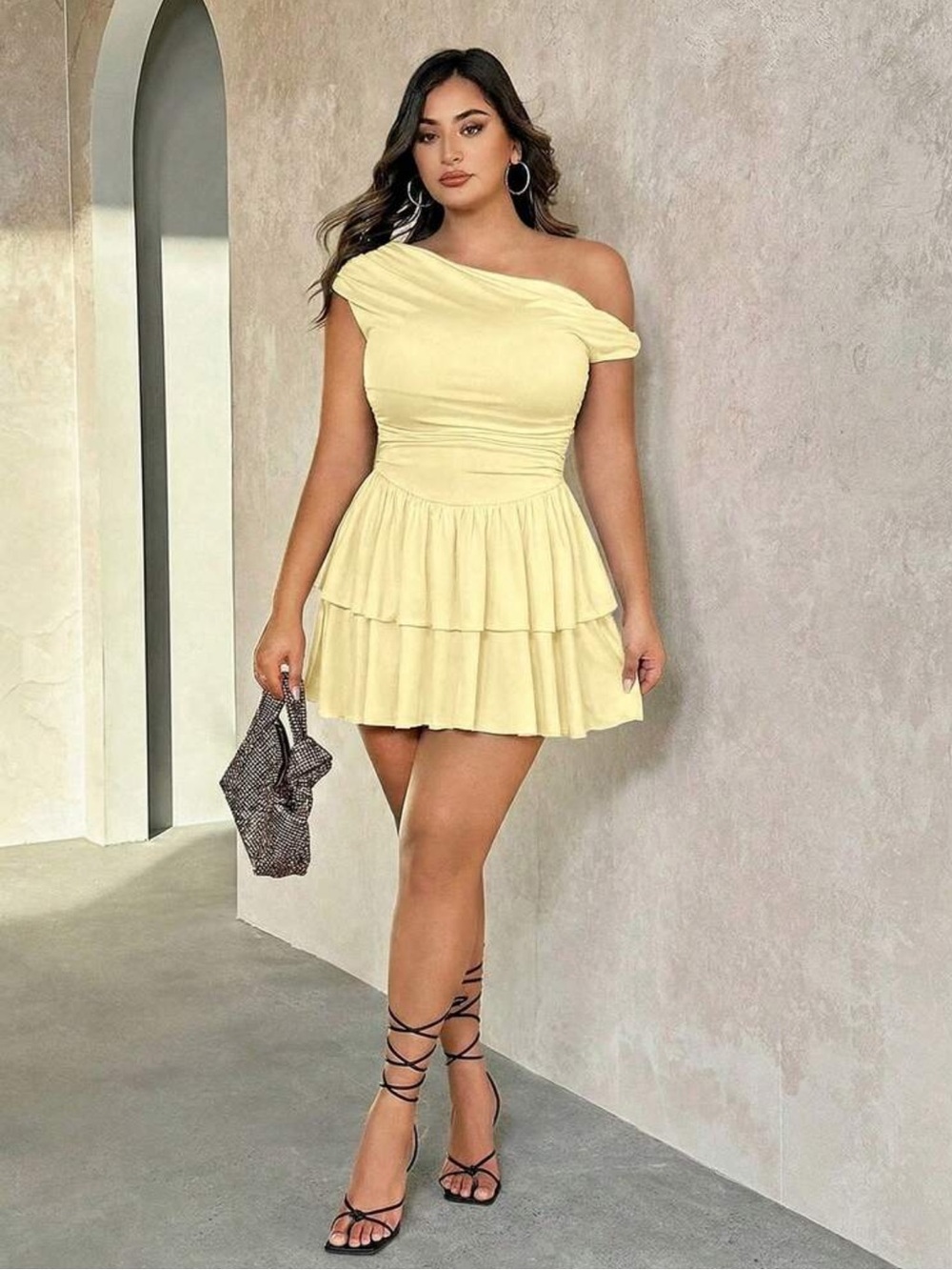 Plus Size Women's Butter Yellow Dress,One Shoulder Elegant Summer